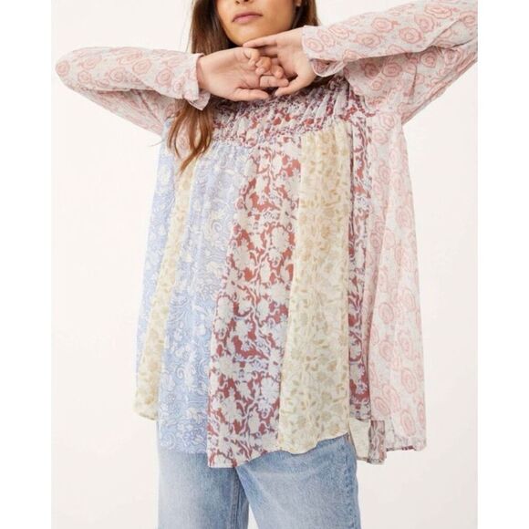 Free People Merrie Mix Print Ruched Top Pastel Half Sleeve Tunic - Picture 2 of 5